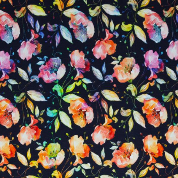 Modal French Terry „Blüten auf Dunkelblau“ – Swafing